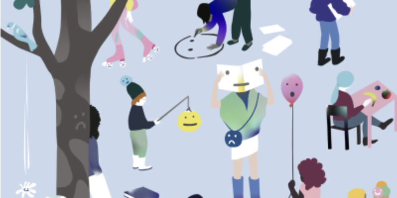 Collage of people doing activities with emotion faces near them